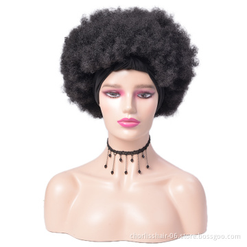 Wholesale Cheap Black Ombre Fluffy Afro Turban Short Kinky Curly Headband Wigs Synthetic Wigs With Headband Attached For Women